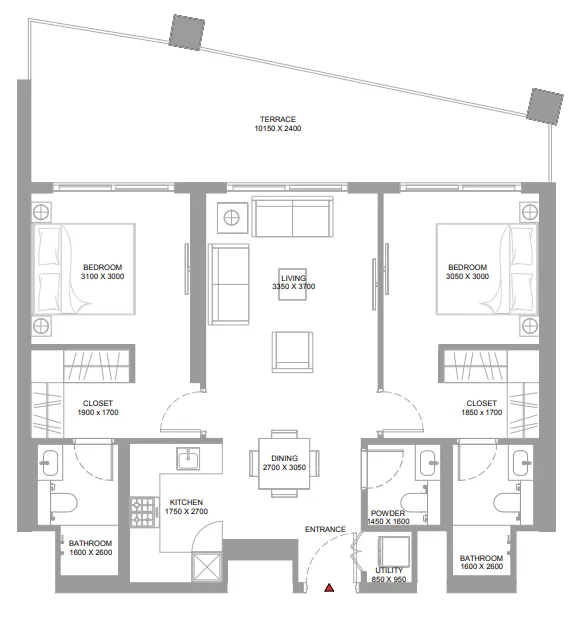 Pierside Marina Residences 2 bed floor plan, 1,115 sqft