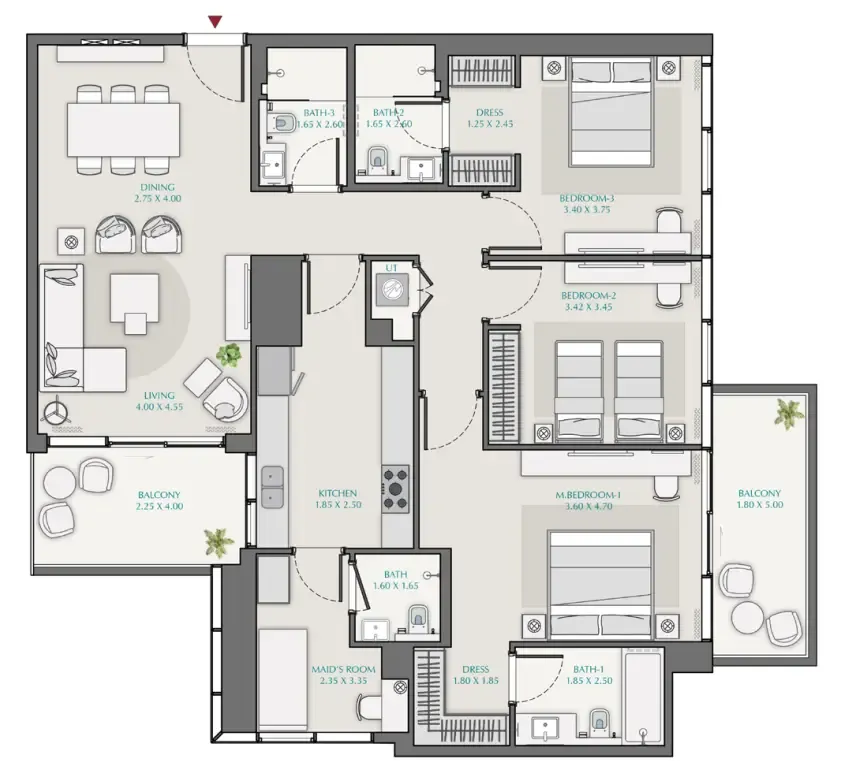 Avenue Park Towers 1 at Wasl 1 3 bed floor plan, 1,742 sqft