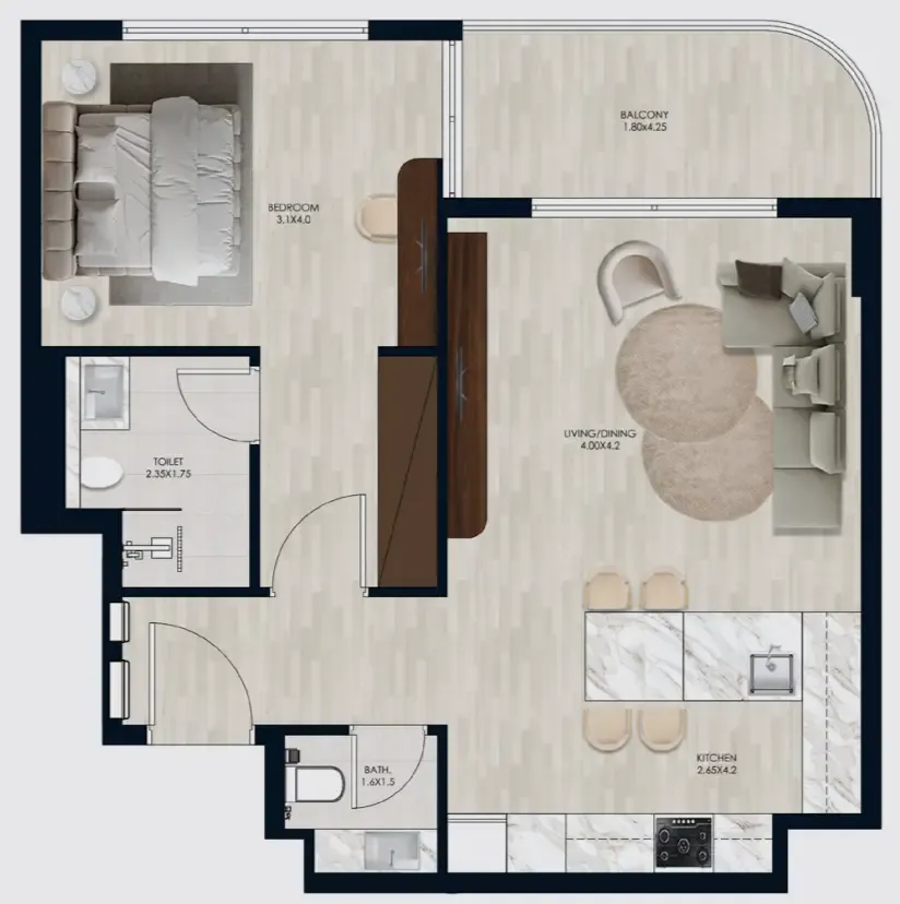 Coral by Vision 1 bed floor plan, 721 sqft