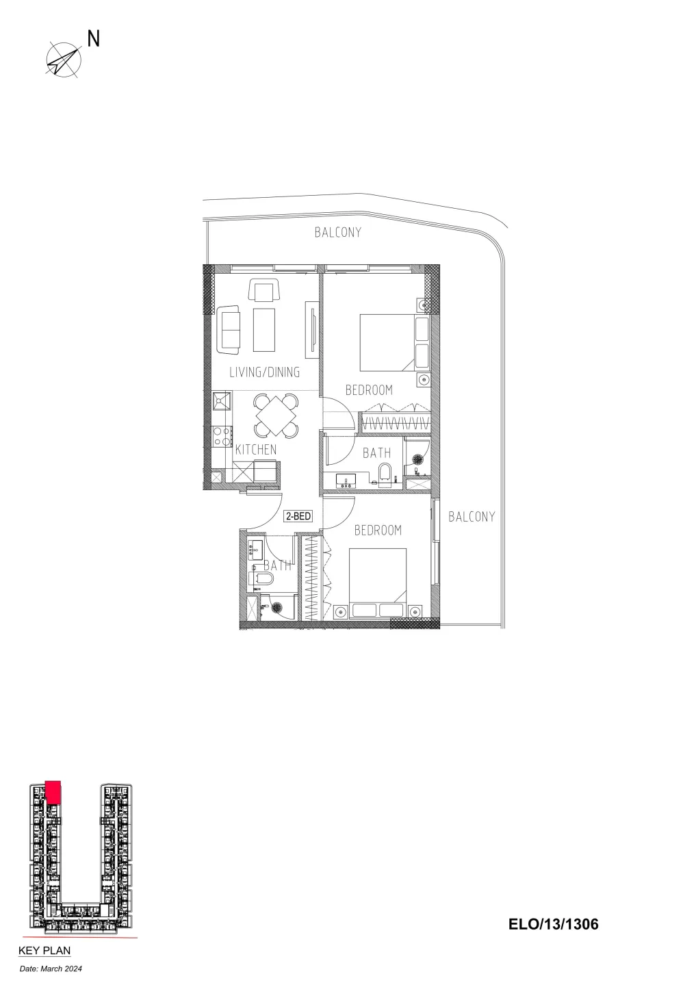 Elo Damac 2 bed floor plan, 1,005 sqft