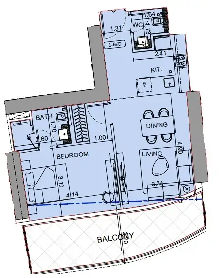 Binghatti Aquarise 1 bed floor plan, 791 sqft