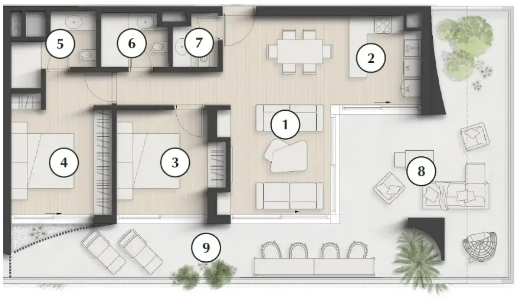 Lunaya Terraces 2 bed floor plan, 1,615 sqft