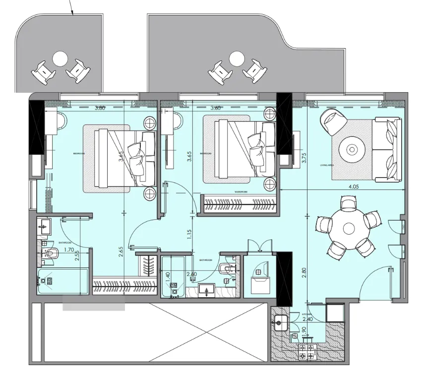 Azizi Wasel 2 bed floor plan, 1,086 sqft