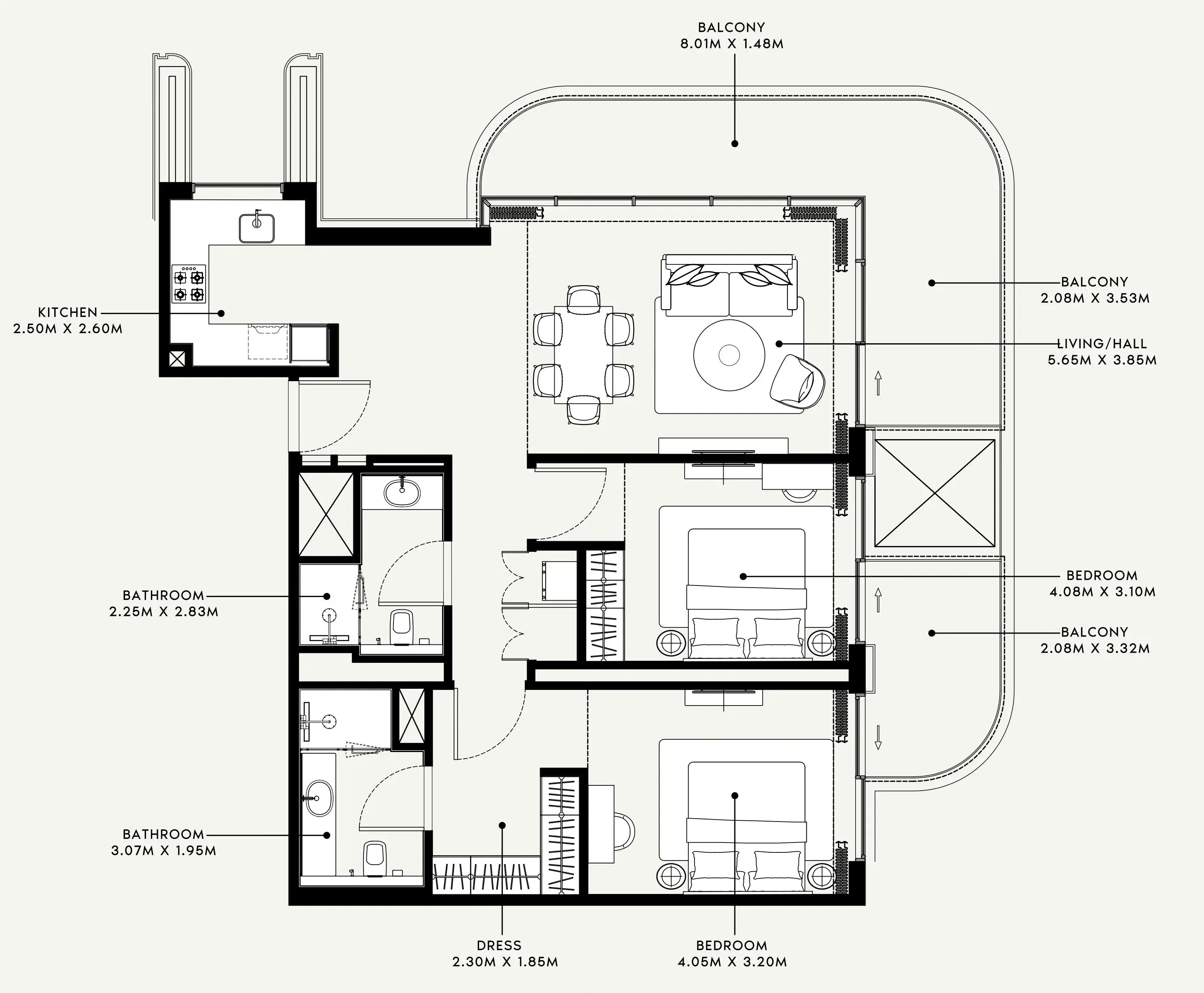 Azizi Venice 2 bed floor plan, 1,336 sqft