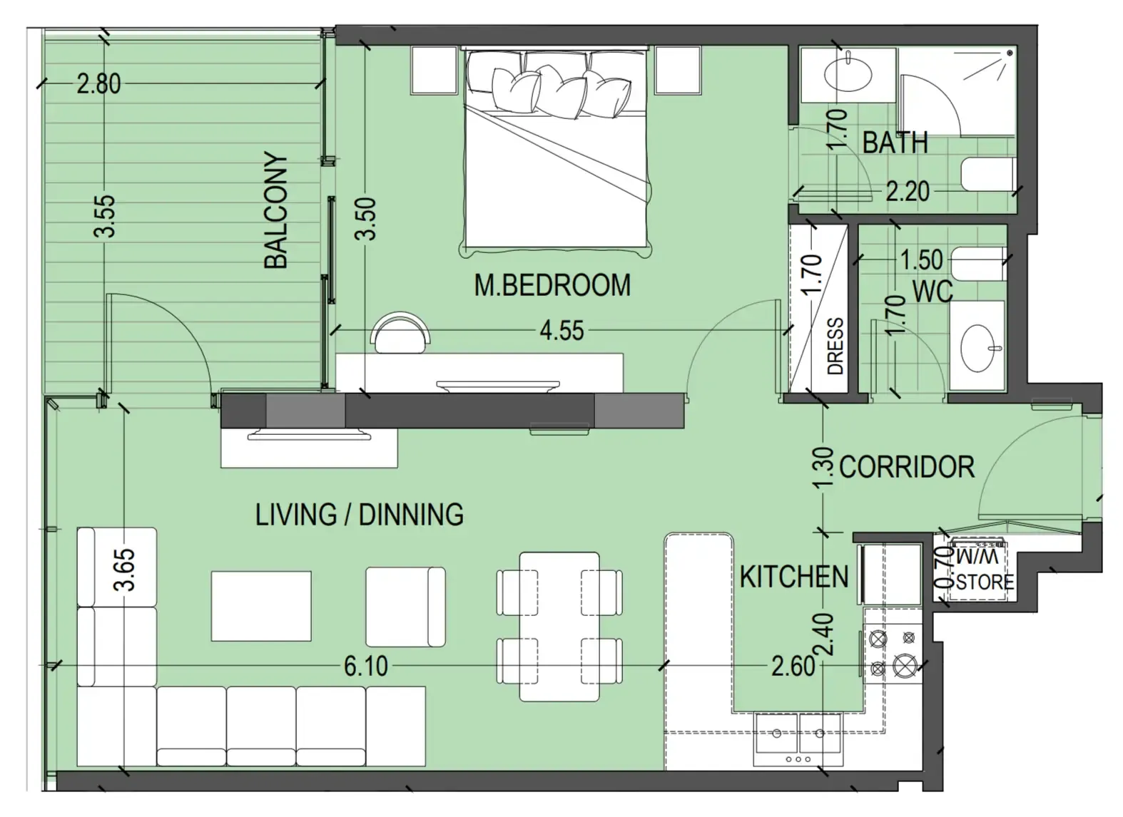 Celia Gardens 1 bed floor plan, 789 sqft