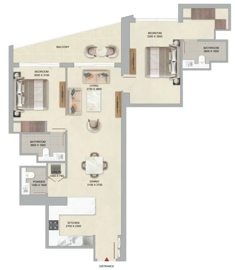 The Serene at Sobha Central 2 bed floor plan, 1,158 sqft