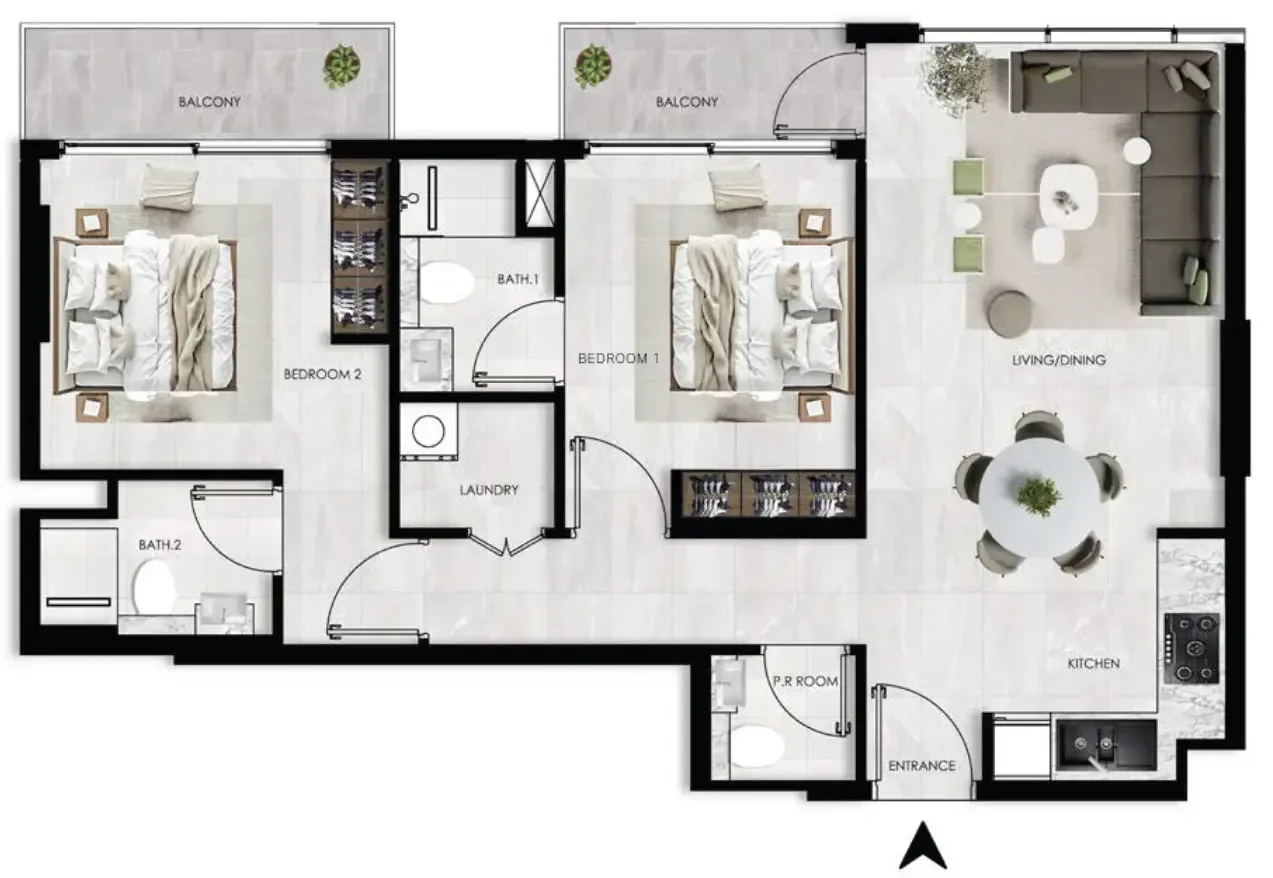 The Willows Residences 2 bed floor plan, 912 – 978 sqft