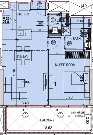 Binghatti Amberhall 1 bed floor plan, 724 sqft