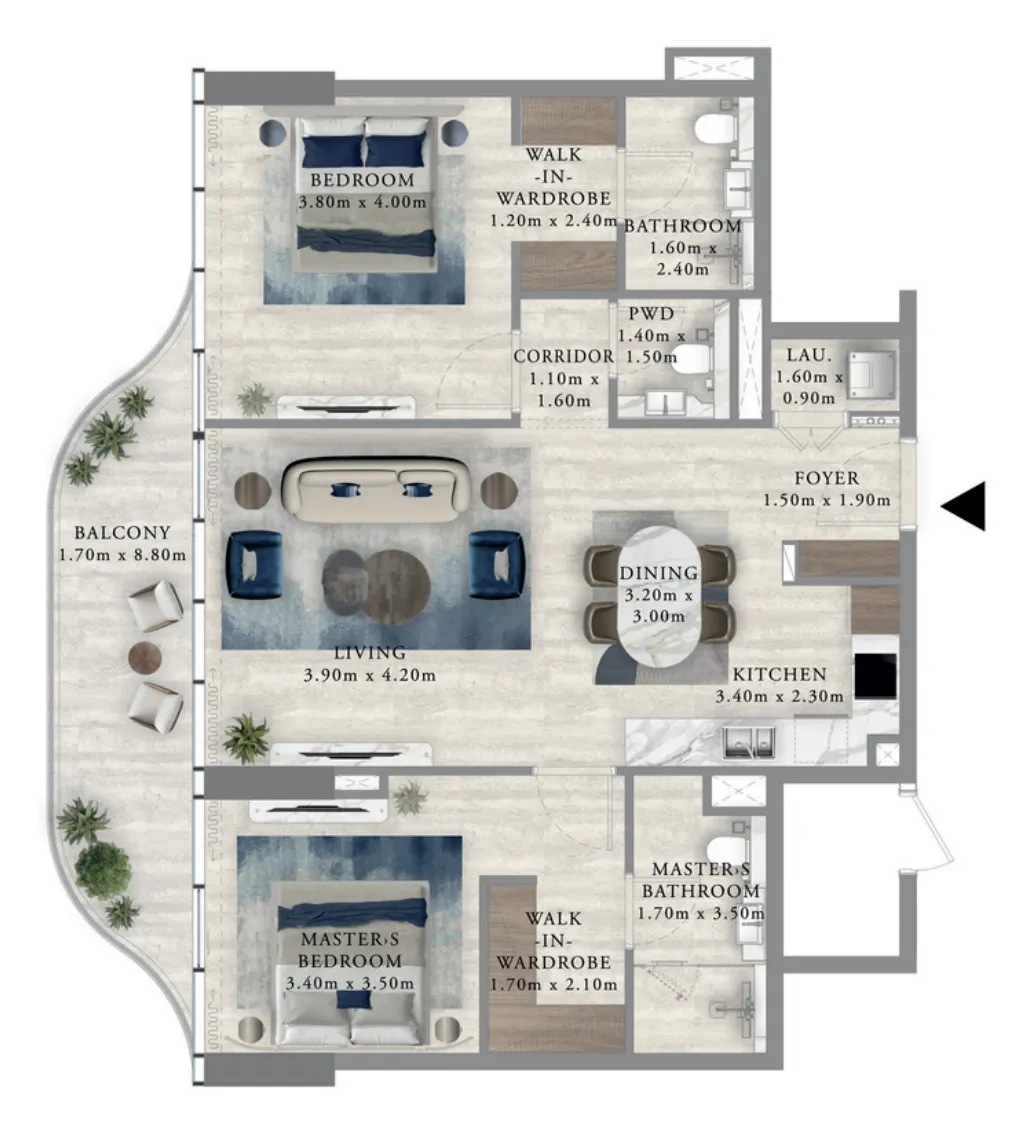 Royal Yacht Club Residence 2 bed floor plan, 1,146 sqft