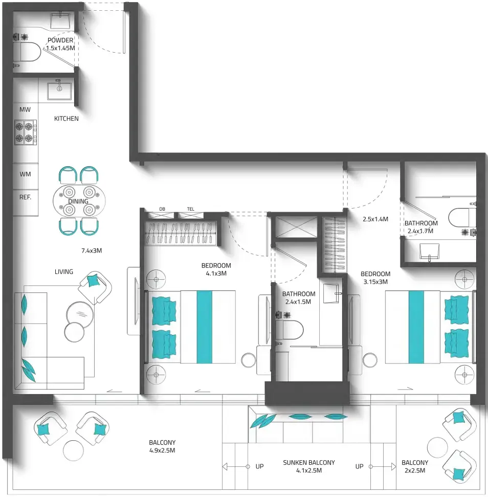 Reef 996 2 bed floor plan, 1,136 – 1,138 sqft