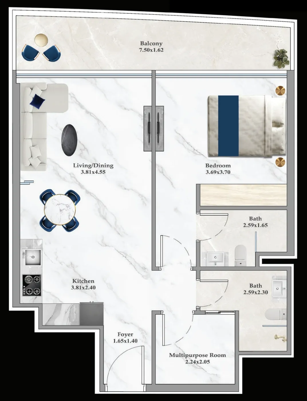 Aspirz 1 bed floor plan, 749 – 750 sqft