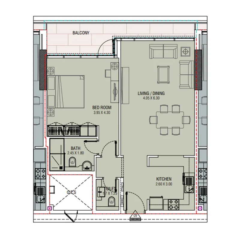 Al Waleed W.S 1 1 bed floor plan, 863 – 869 sqft