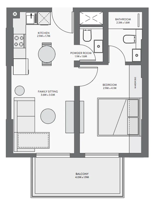 Equiti Gate 1 bed floor plan, 598 sqft