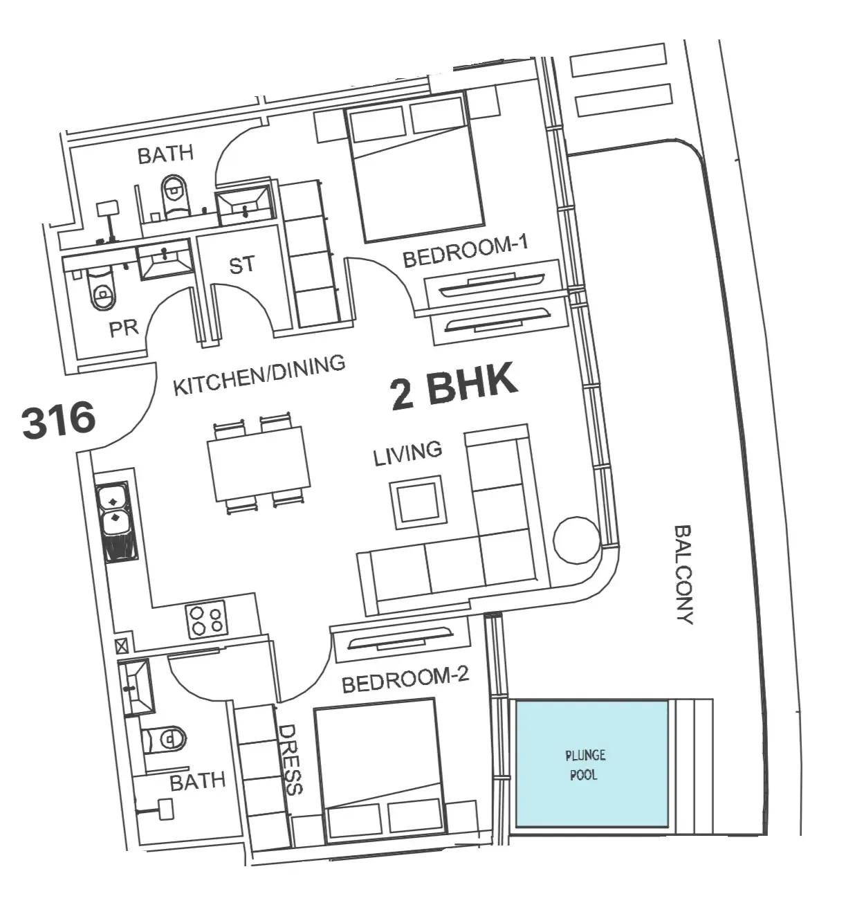 Villa Del Garda 2 bed floor plan, 1,108 sqft
