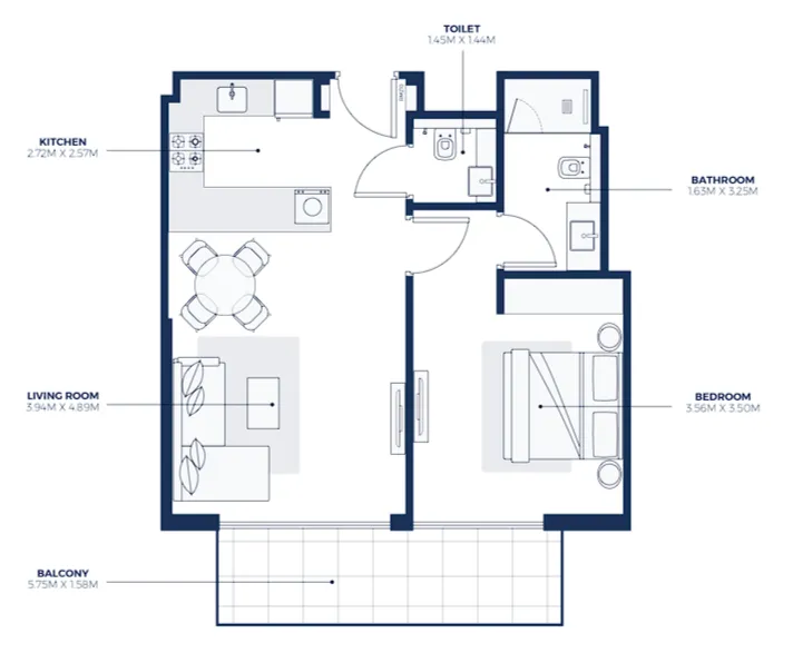 Creek Views 3 1 bed floor plan, 728 sqft