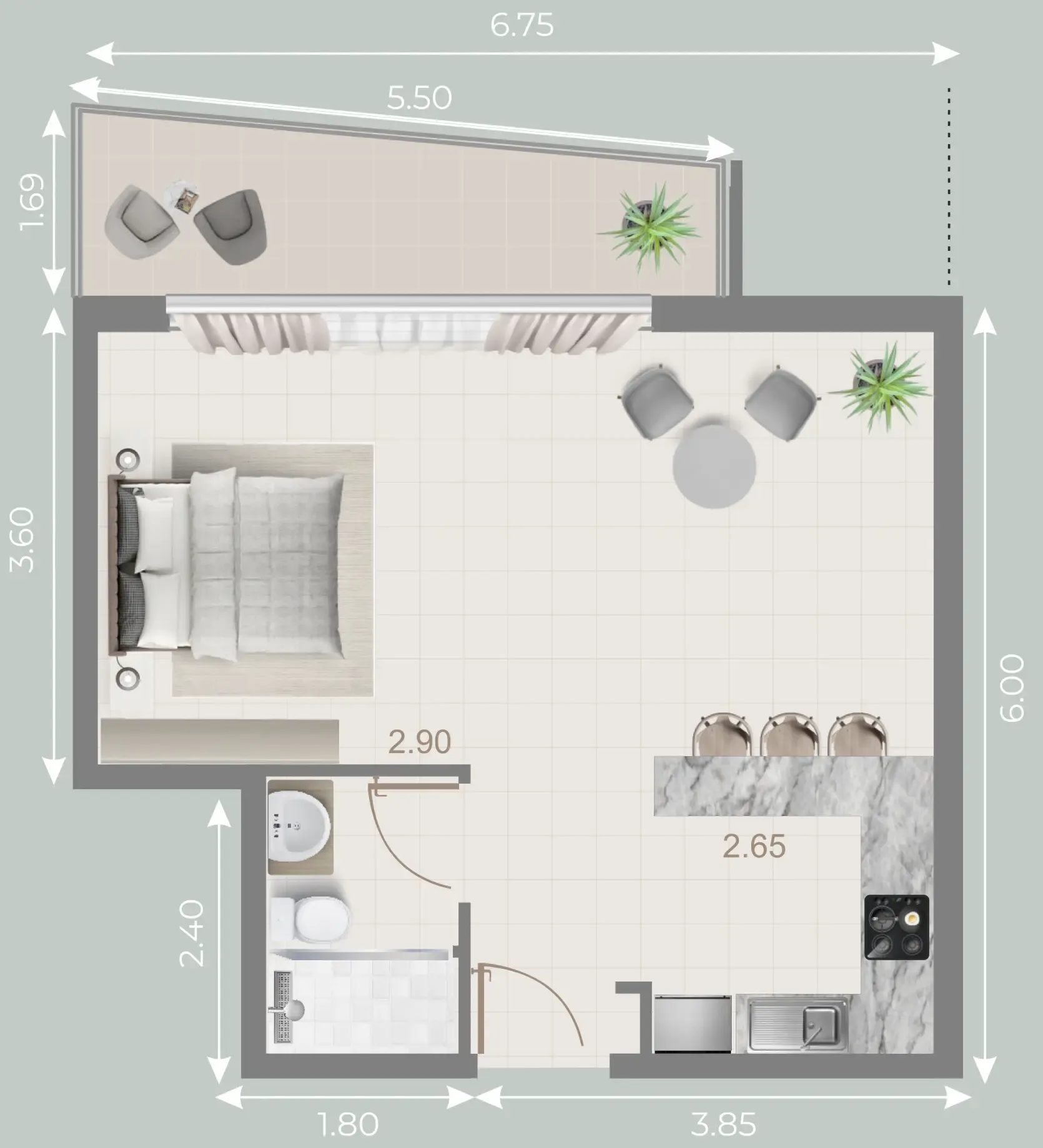 Galleria Residences Studio floor plan, 537 sqft