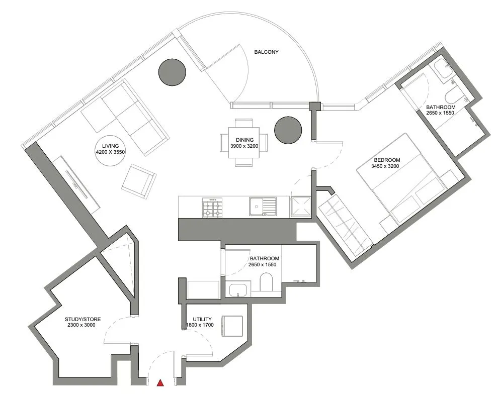 Sobha Orbis 1 bed floor plan, 924 – 926 sqft