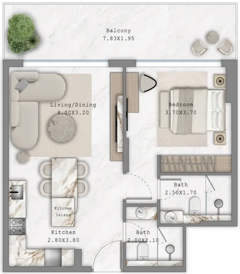 Aark Terraces 1 bed floor plan, 772 sqft