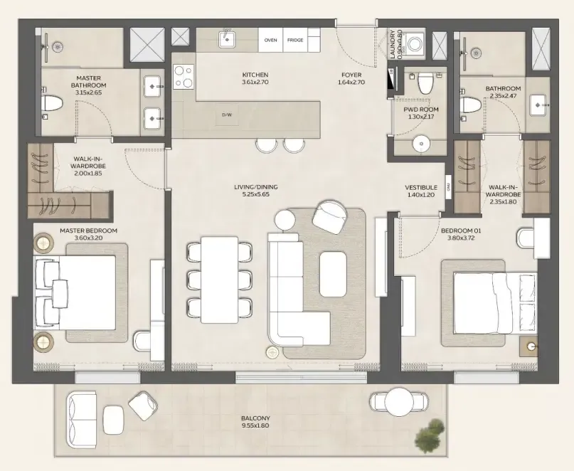 Expo Valley Views 2 bed floor plan, 1,338 – 1,358 sqft