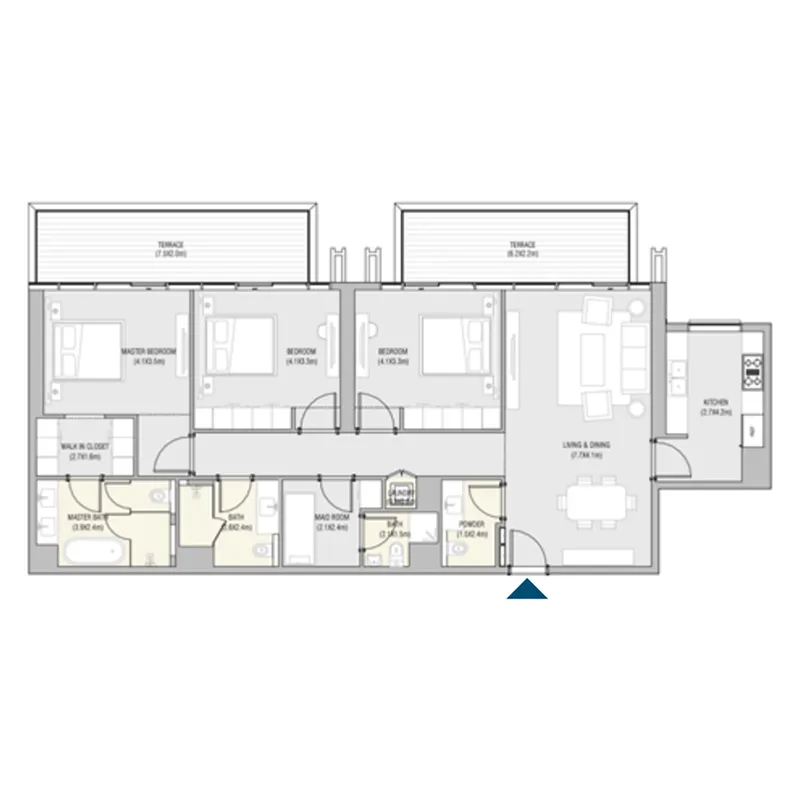 Vida Residences Saadiyat Island 3 bed floor plan, 1,831 – 1,832 sqft