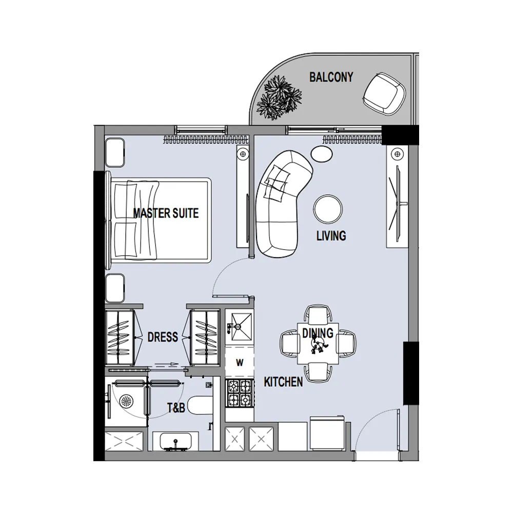 Verso 1 bed floor plan, 523 sqft