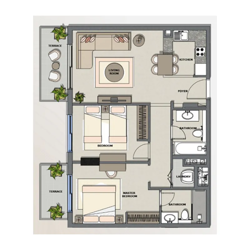 Majestique Residence 1 2 bed floor plan, 991 – 993 sqft