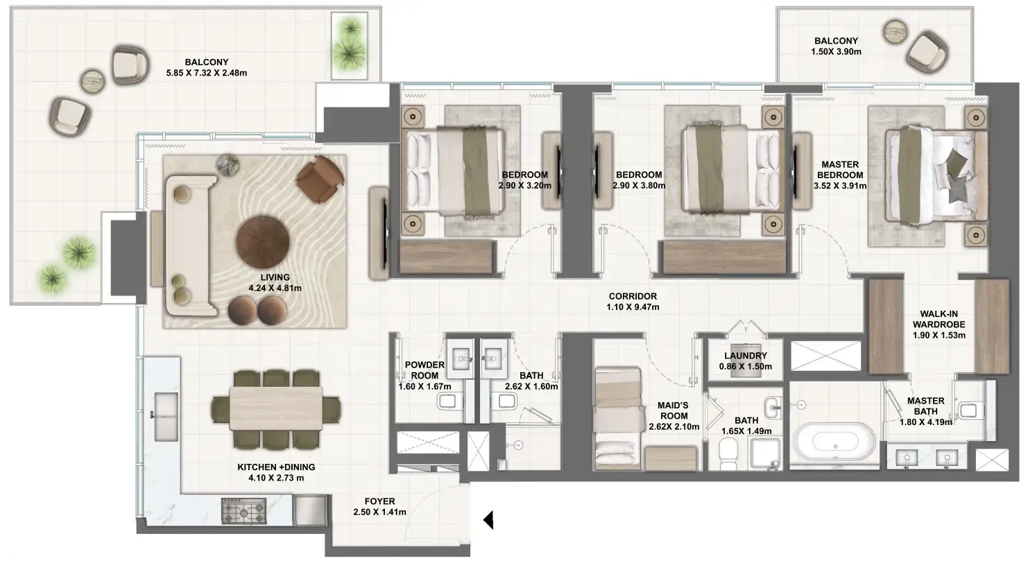 Silva Dubai Creek Harbour 3 bed floor plan, 1,834 sqft