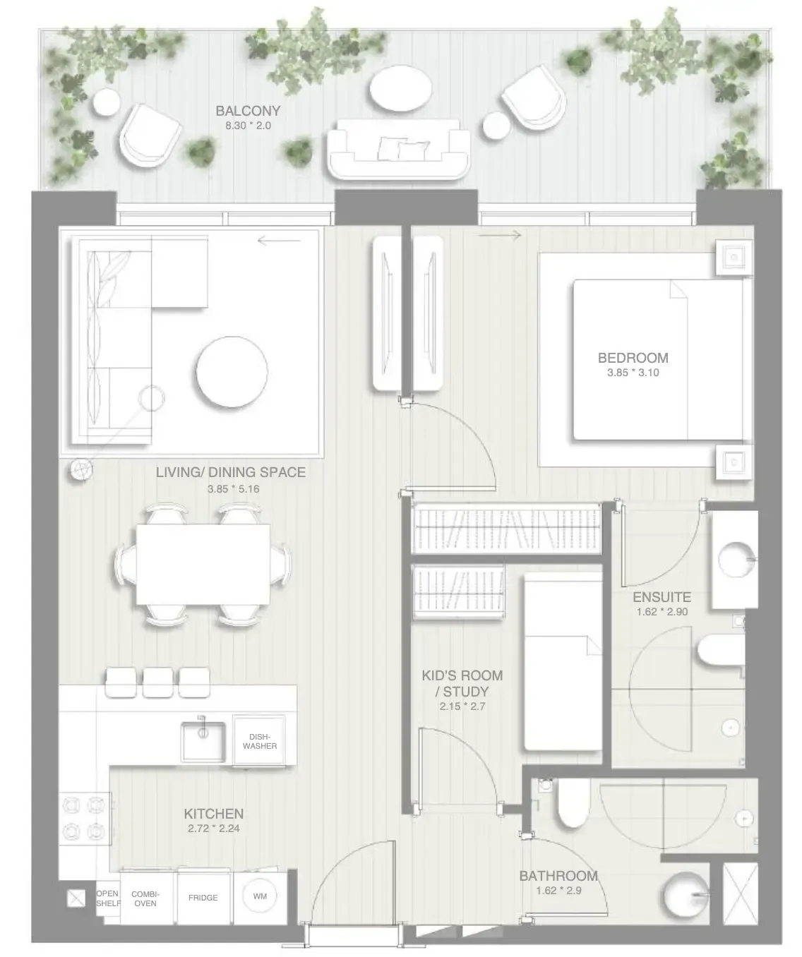 Sol Levante 1 bed floor plan, 882 sqft