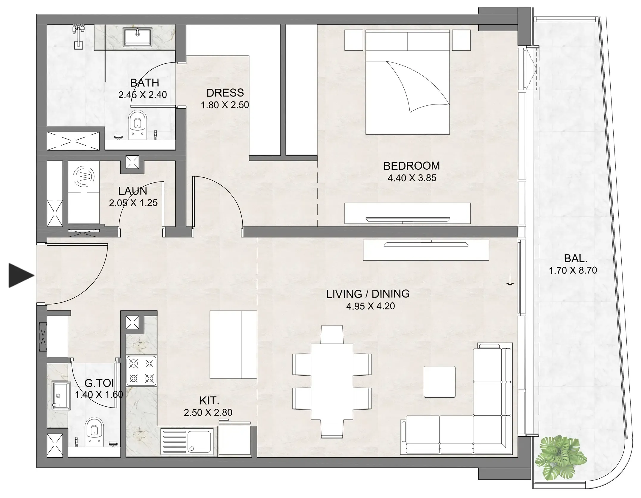 Luzora Residence 1 bed floor plan, 980 sqft