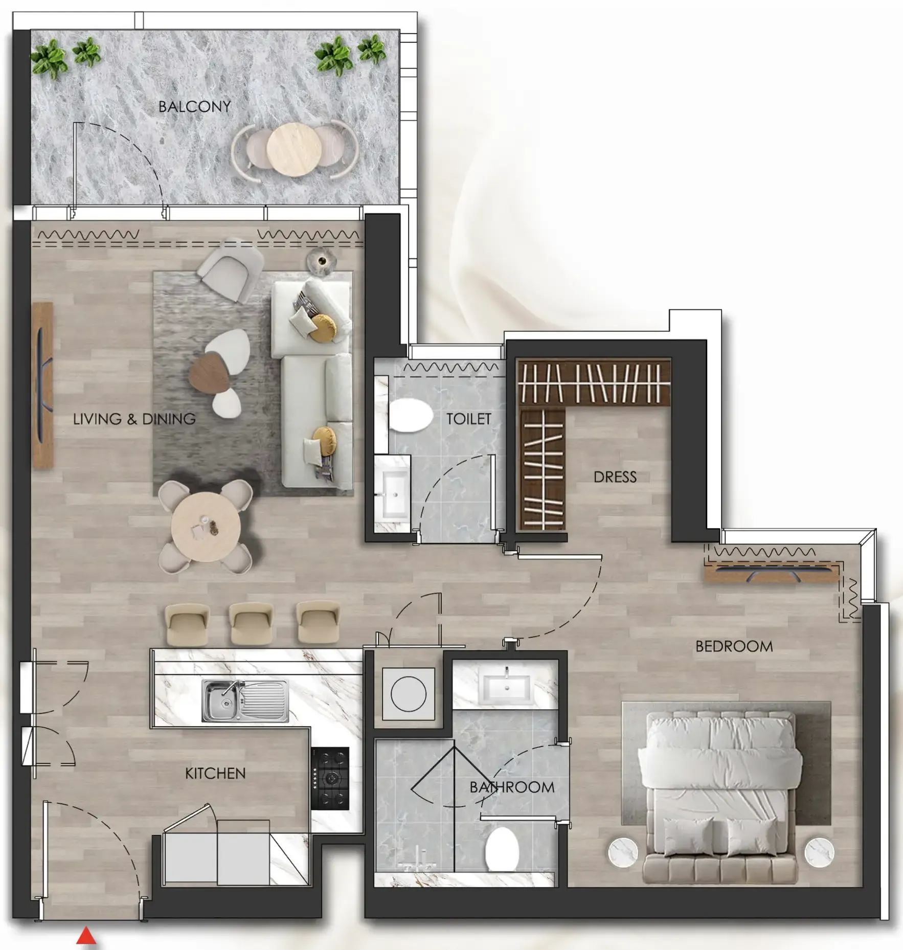 Island Heights 1 bed floor plan, 787 sqft