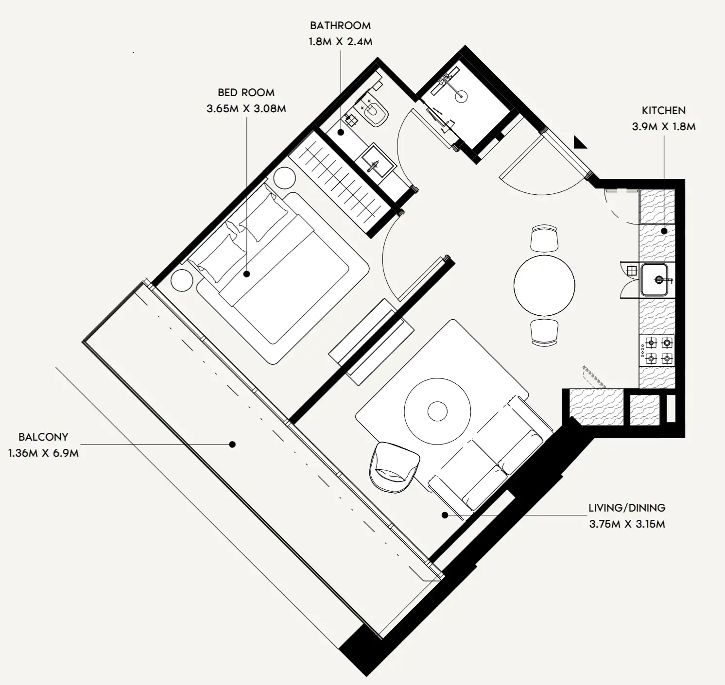 Creek Views 4 1 bed floor plan, 575 sqft