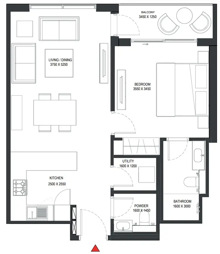 Sobha One 1 bed floor plan, 734 sqft