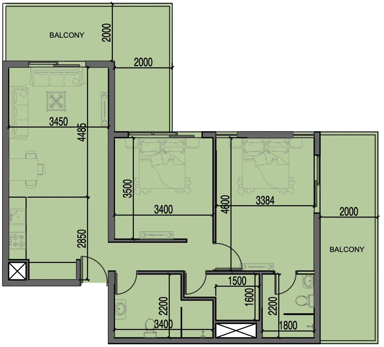 Al Haseen Residences 3 2 bed floor plan, 1,098 sqft