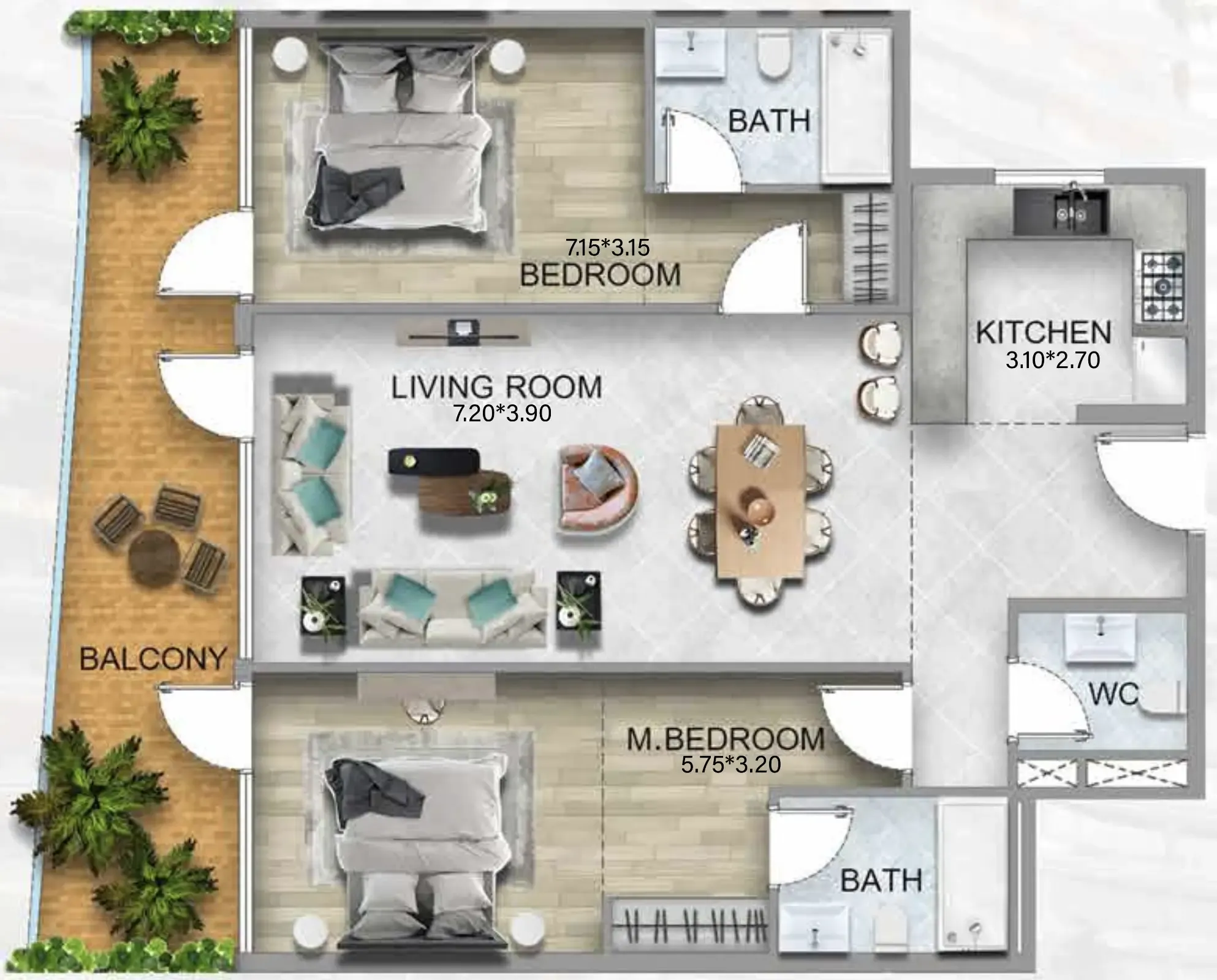 311 Boulevard 2 bed floor plan, 1,235 sqft