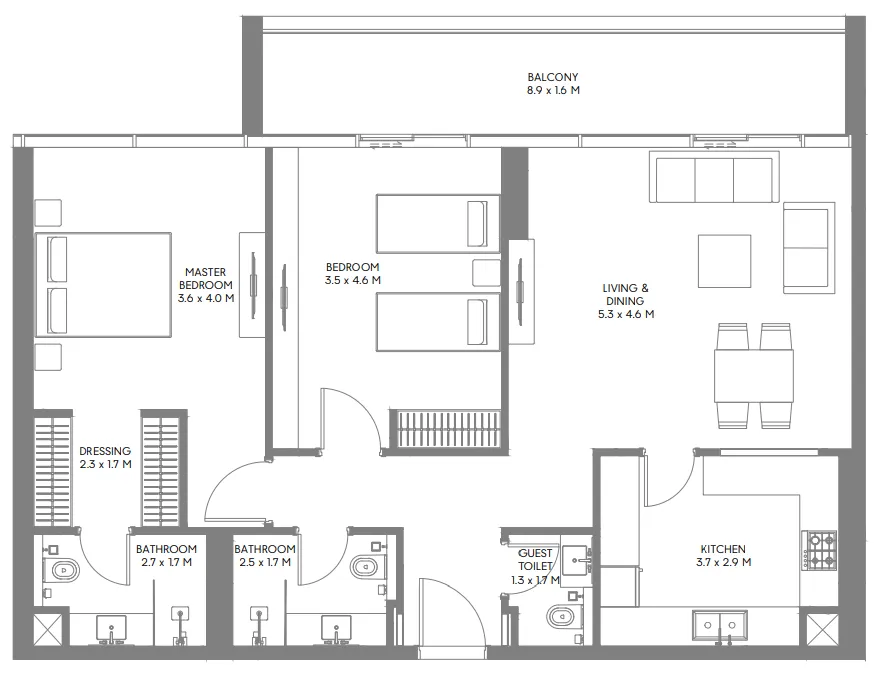 The Gate 3 and 4 2 bed floor plan, 1,277 sqft