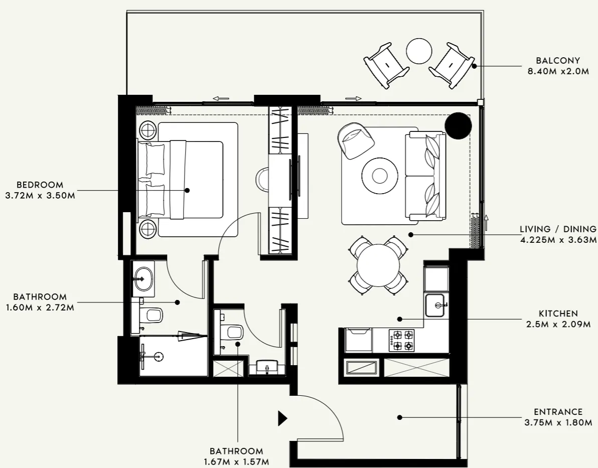 Azizi Venice 1 bed floor plan, 822 sqft