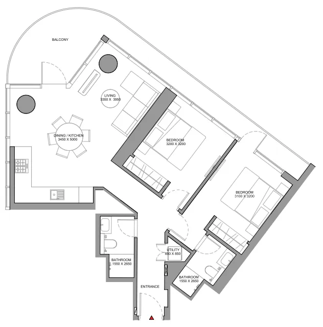 Sobha Solis 2 bed floor plan, 1,126 sqft