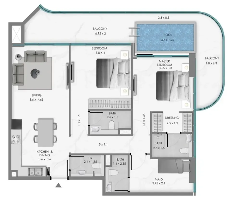 Samana Ocean Bay 2 bed floor plan, 1,433 sqft