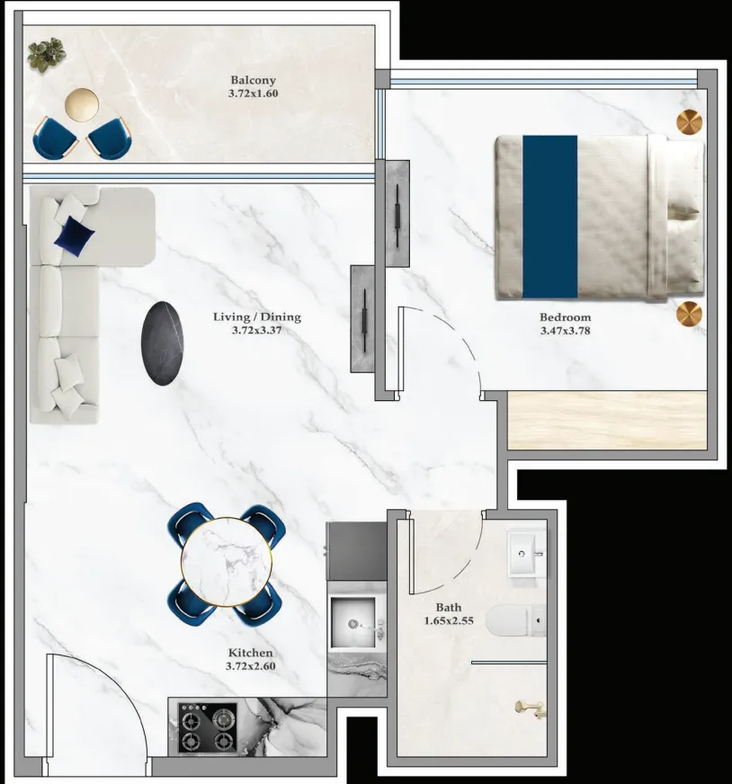 Aspirz 1 bed floor plan, 480 – 496 sqft