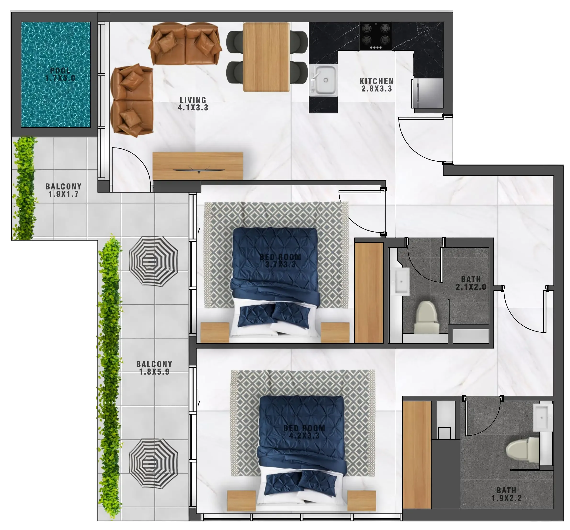 Samana Waves 2 bed floor plan, 1,082 sqft