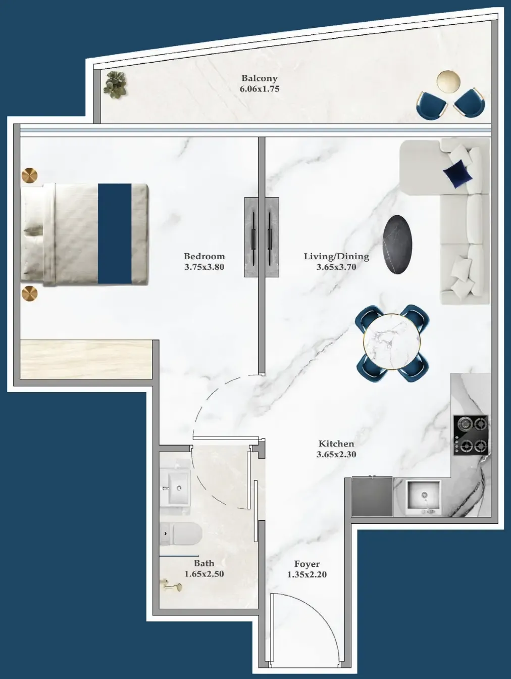 Serenz 1 bed floor plan, 572 sqft