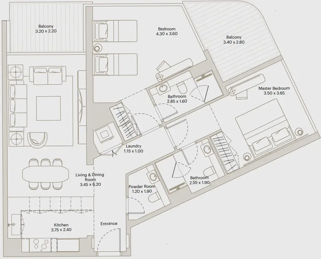 Eleve 2 bed floor plan, 1,219 sqft