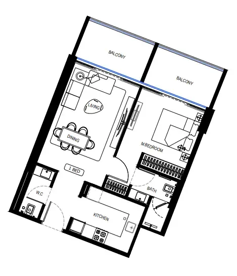 Binghatti HillCrest 1 bed floor plan, 718 sqft