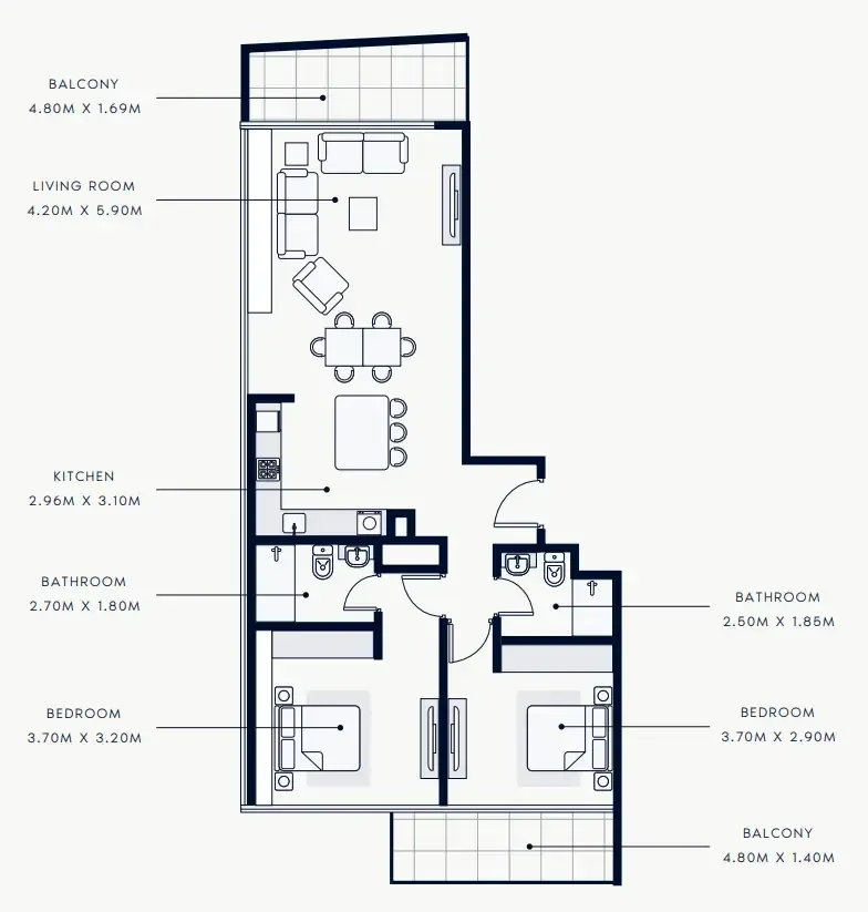 Riviera Rêve 2 bed floor plan, 1,233 sqft