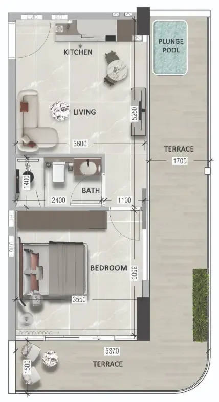 South Lofts 1 bed floor plan, 636 sqft