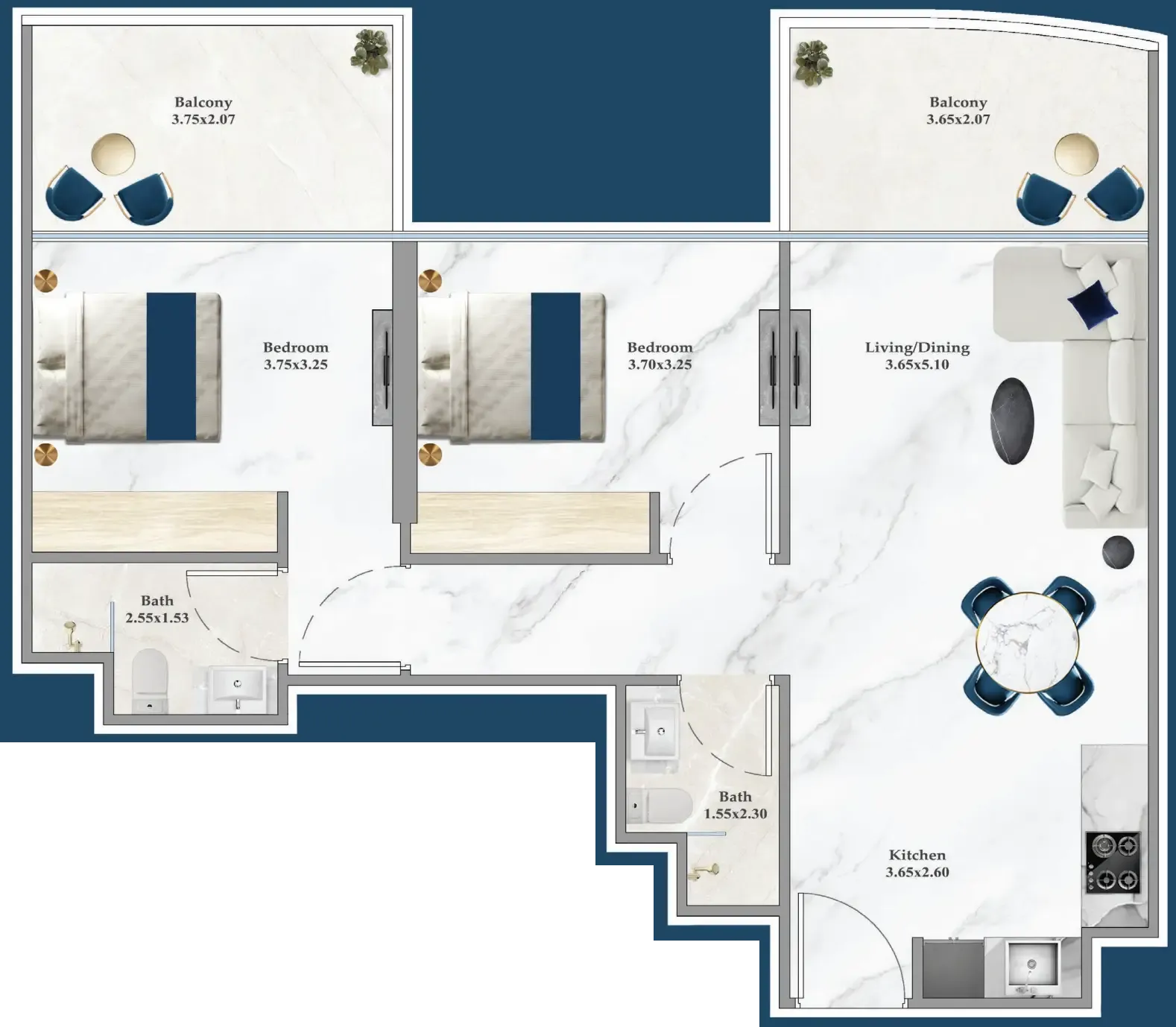 Serenz 2 bed floor plan, 864 sqft