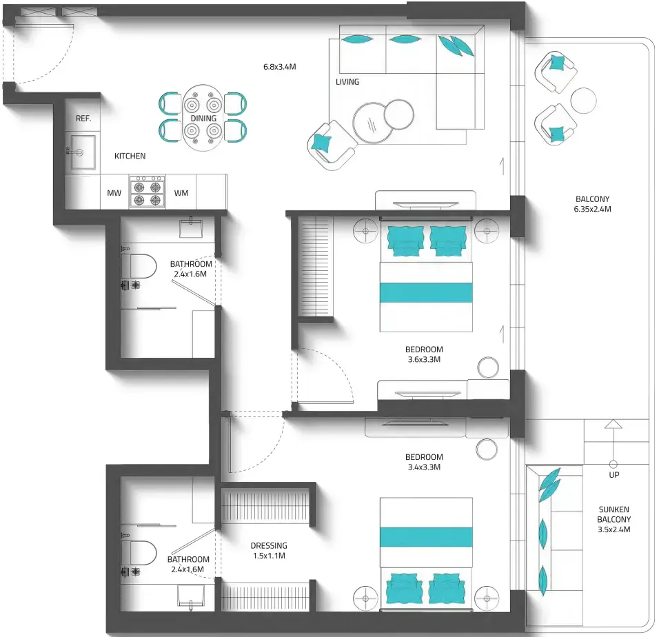Reef 996 2 bed floor plan, 1,063 sqft