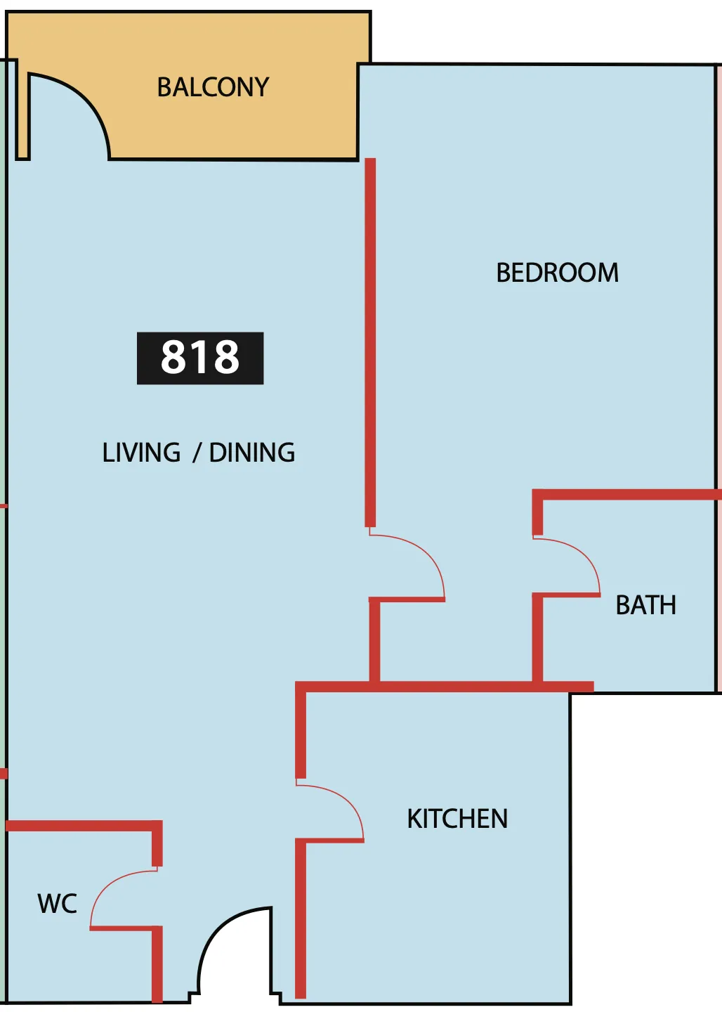 Paradise View 1 1 bed floor plan, 818 sqft