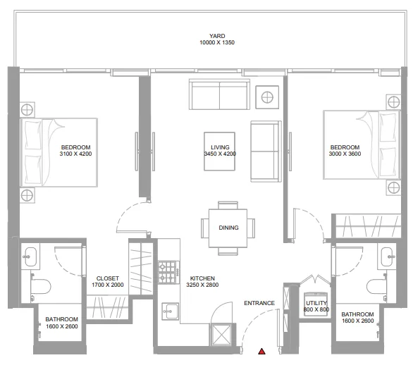 Yachtside Marina Residences 2 bed floor plan, 949 sqft