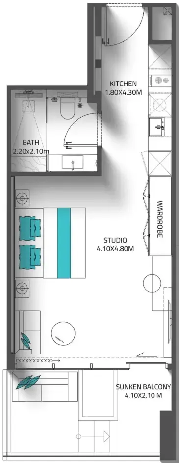 Reef 998 Studio floor plan, 478 sqft